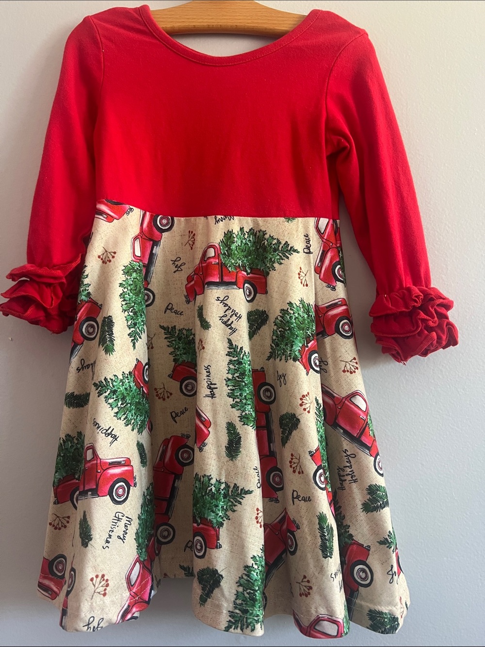 Girls Red Knit Top with Cream Holiday Truck Skirt Dress